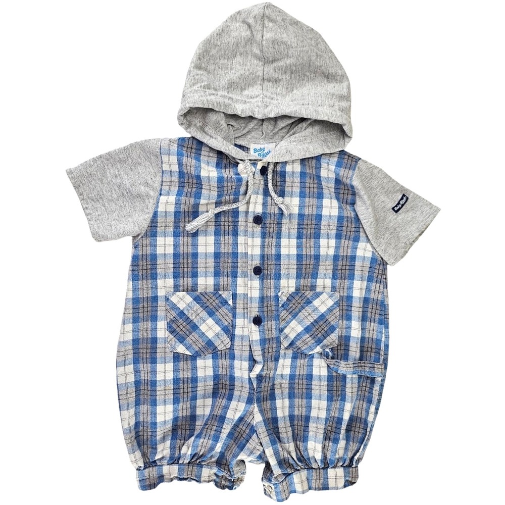 Vintage Oshkosh Plaid Sz 24 Mos Baby B' Gosh Boy Hooded Romper Outfit Blue Gray
